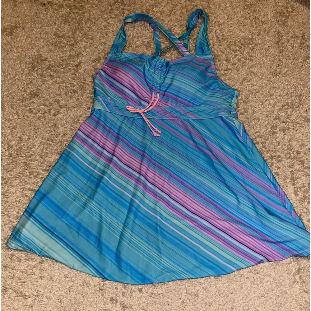 Cross Strap Striped Cyan Swimdress Top